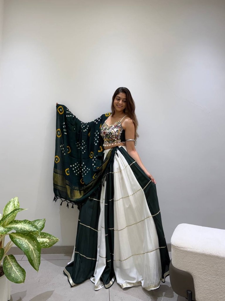 Royal Bottle Green & Ivory Mirror Work Designer Lehenga Choli