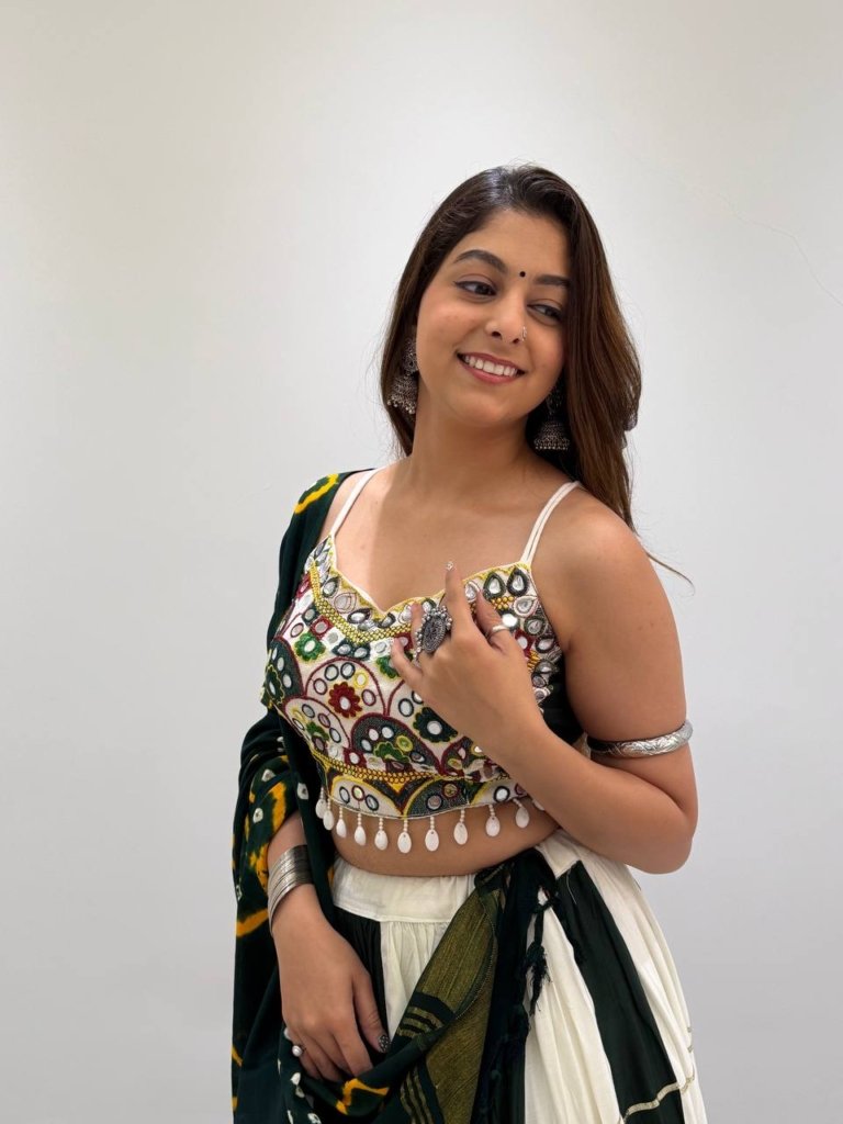 Royal Bottle Green & Ivory Mirror Work Designer Lehenga Choli