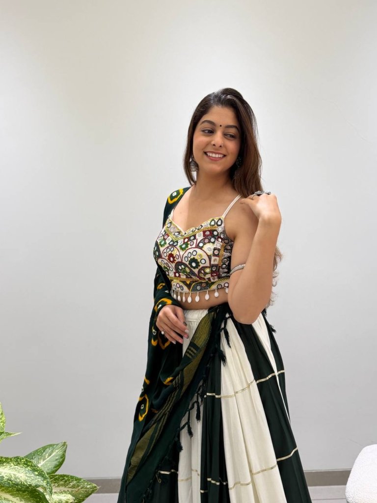 Royal Bottle Green & Ivory Mirror Work Designer Lehenga Choli
