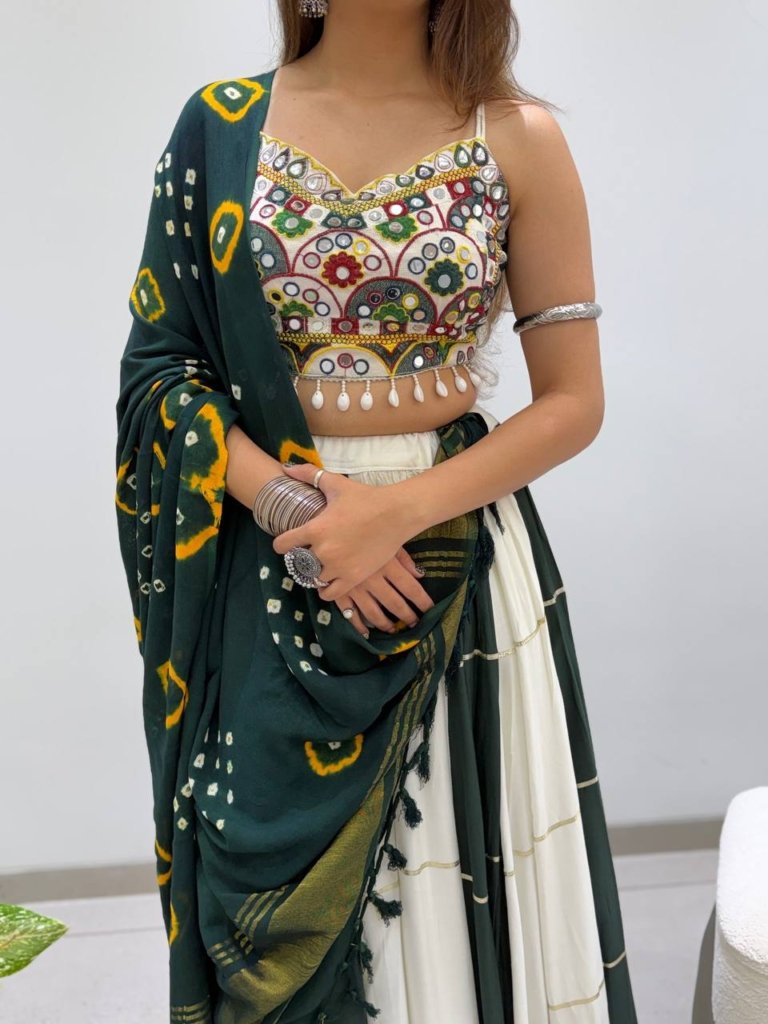 Royal Bottle Green & Ivory Mirror Work Designer Lehenga Choli