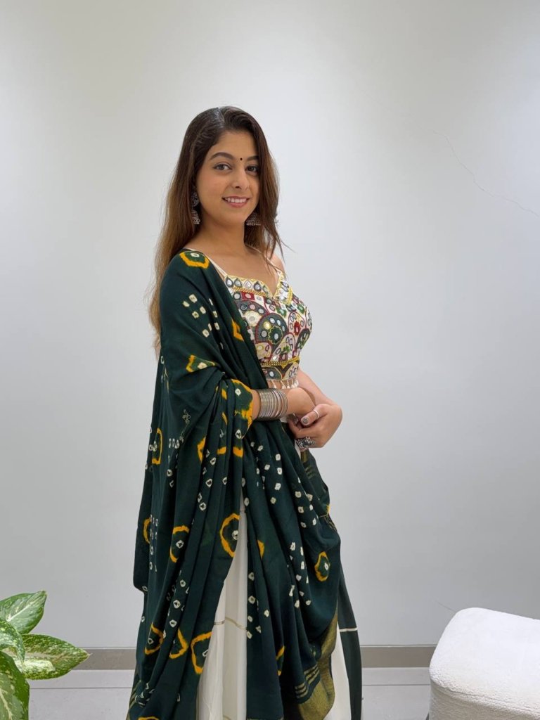 Royal Bottle Green & Ivory Mirror Work Designer Lehenga Choli