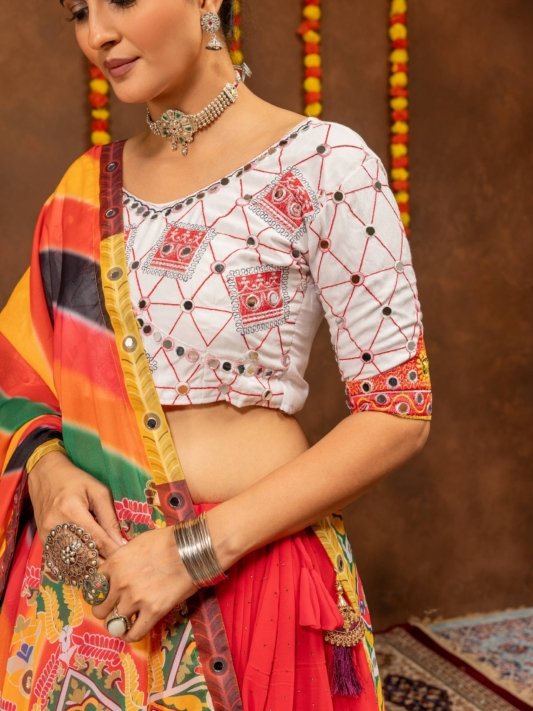Royal Red Bandhani Print Designer Lehenga Choli with Multicolour Dupatta