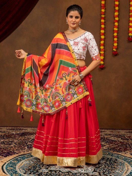 Royal Red Bandhani Print Designer Lehenga Choli with Multicolour Dupatta