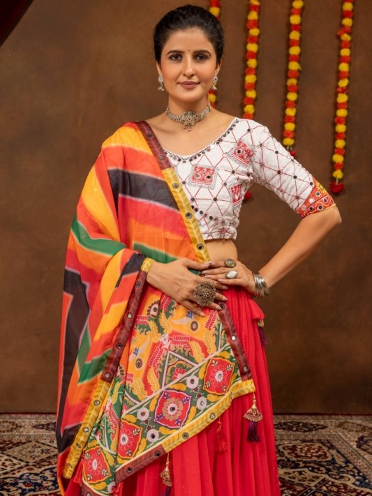 Royal Red Bandhani Print Designer Lehenga Choli with Multicolour Dupatta