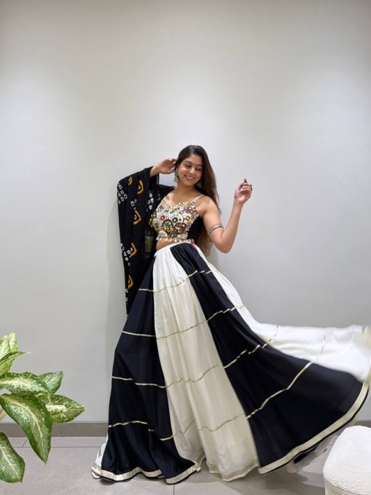 Black & White Mirror Work Embroidered Designer Lehenga Choli Set