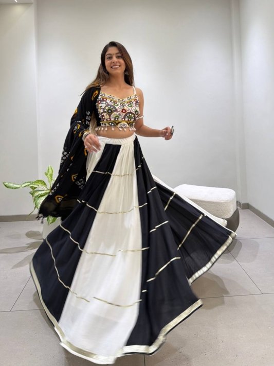 Black & White Mirror Work Embroidered Designer Lehenga Choli Set