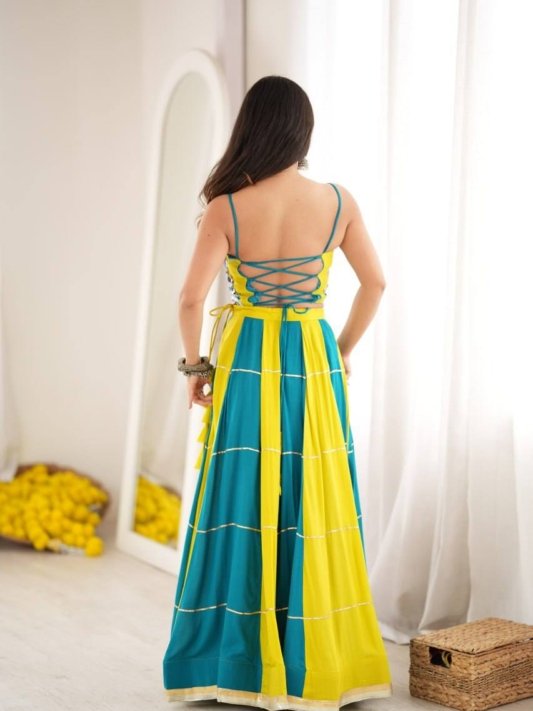 Teal Blue & Lime Green Embroidered Mirror Work Designer Lehenga Choli Set – view 10