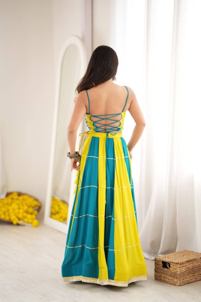 Teal Blue & Lime Green Embroidered Mirror Work Designer Lehenga Choli Set