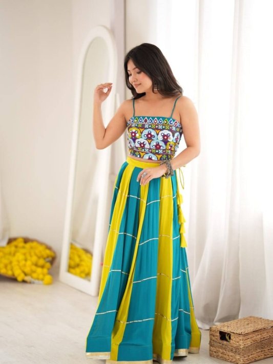 Teal Blue & Lime Green Embroidered Mirror Work Designer Lehenga Choli Set – view 6
