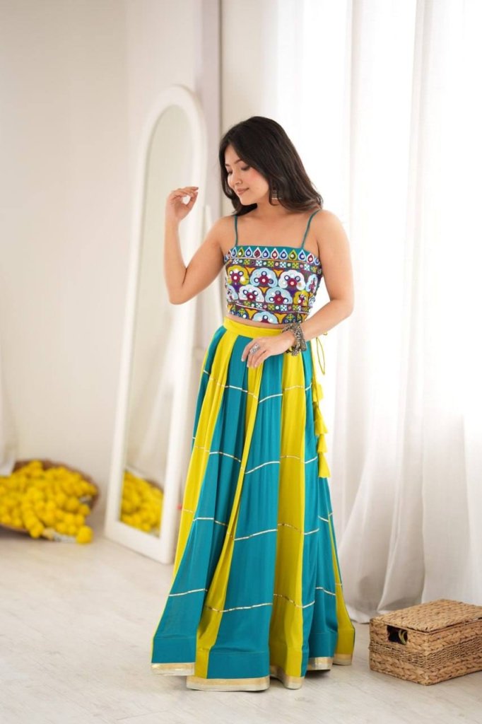 Teal Blue & Lime Green Embroidered Mirror Work Designer Lehenga Choli Set
