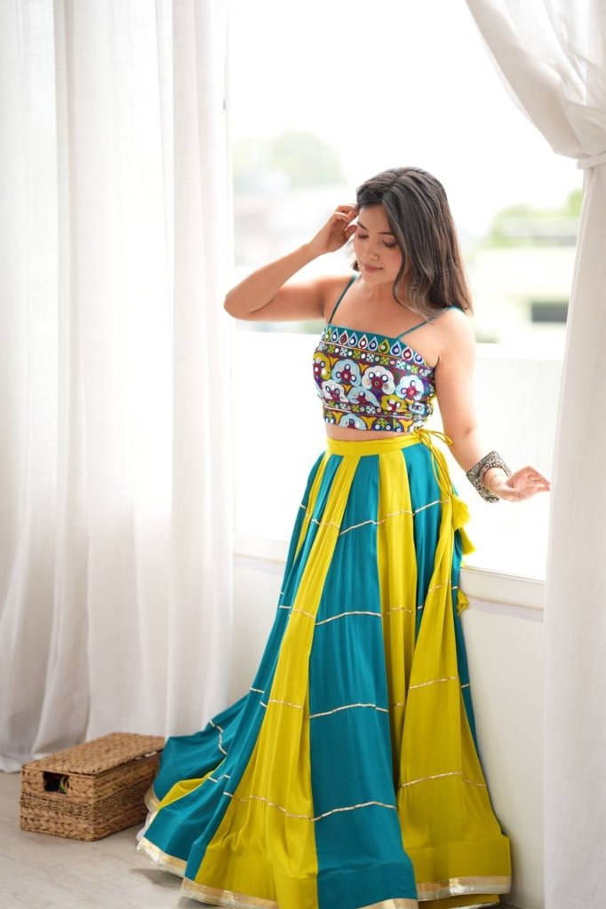 Teal Blue & Lime Green Embroidered Mirror Work Designer Lehenga Choli Set