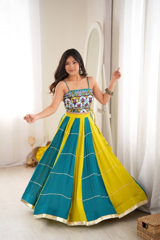 Teal Blue & Lime Green Embroidered Mirror Work Designer Lehenga Choli Set