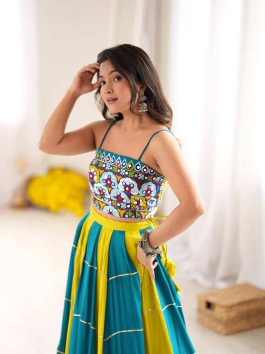 Teal Blue & Lime Green Embroidered Mirror Work Designer Lehenga Choli Set