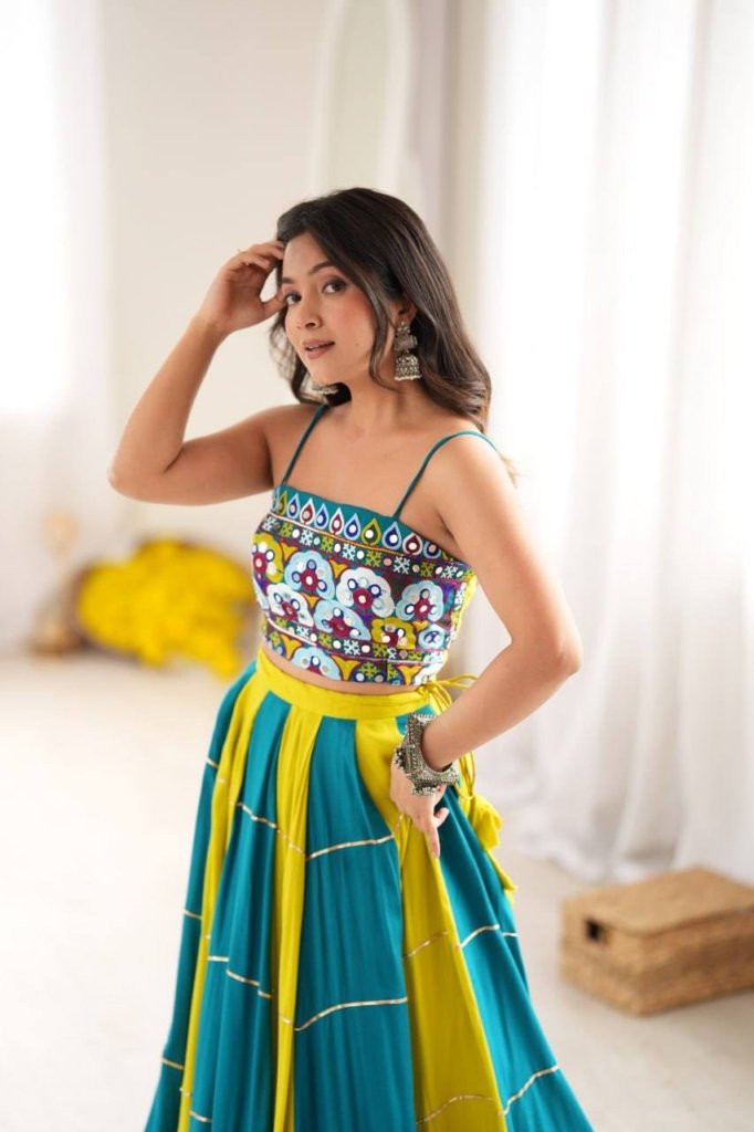 Teal Blue & Lime Green Embroidered Mirror Work Designer Lehenga Choli Set