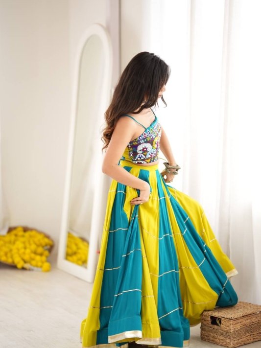 Teal Blue & Lime Green Embroidered Mirror Work Designer Lehenga Choli Set – view 8