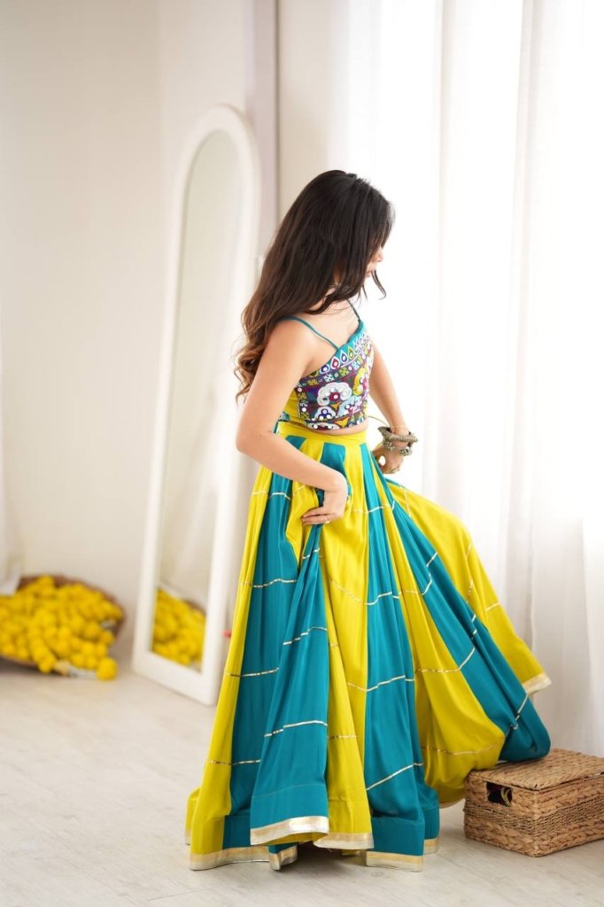Teal Blue & Lime Green Embroidered Mirror Work Designer Lehenga Choli Set