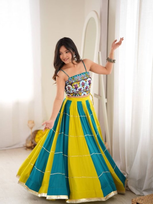 Teal Blue & Lime Green Embroidered Mirror Work Designer Lehenga Choli Set