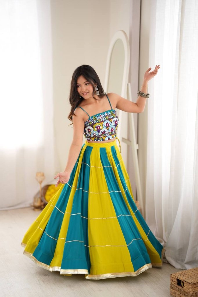 Teal Blue & Lime Green Embroidered Mirror Work Designer Lehenga Choli Set