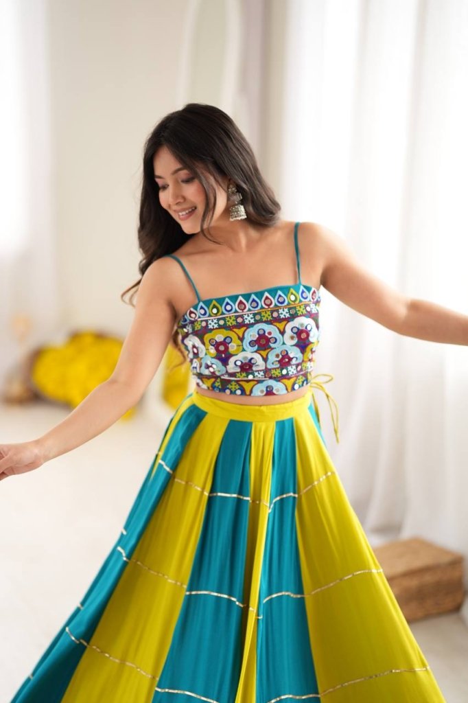 Teal Blue & Lime Green Embroidered Mirror Work Designer Lehenga Choli Set