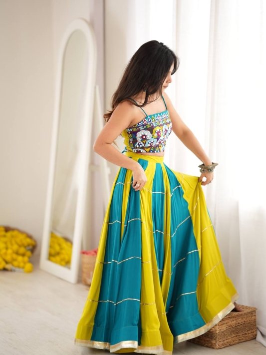 Teal Blue & Lime Green Embroidered Mirror Work Designer Lehenga Choli Set – view 7