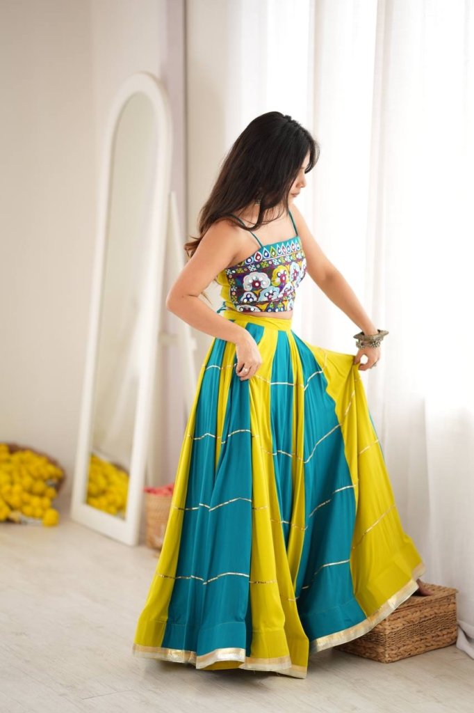 Teal Blue & Lime Green Embroidered Mirror Work Designer Lehenga Choli Set