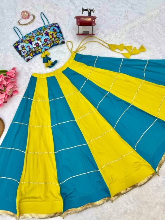Teal Blue & Lime Green Embroidered Mirror Work Designer Lehenga Choli Set – view 9