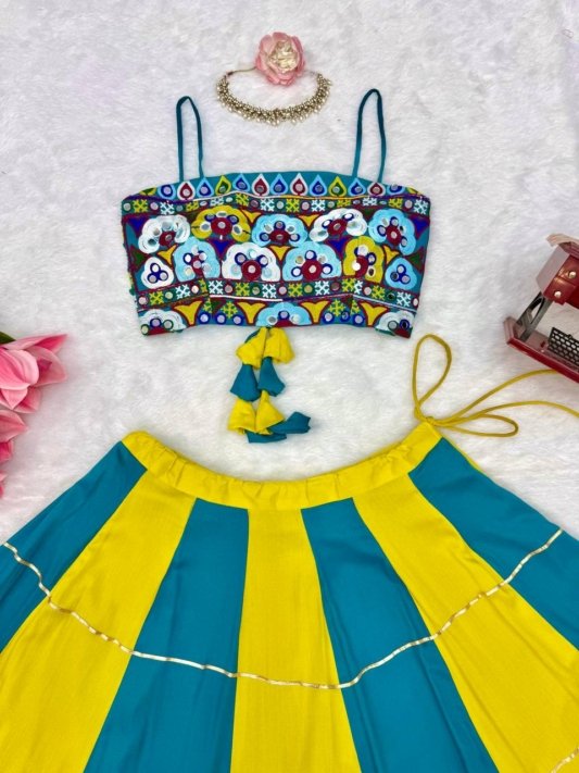 Teal Blue & Lime Green Embroidered Mirror Work Designer Lehenga Choli Set – view 11