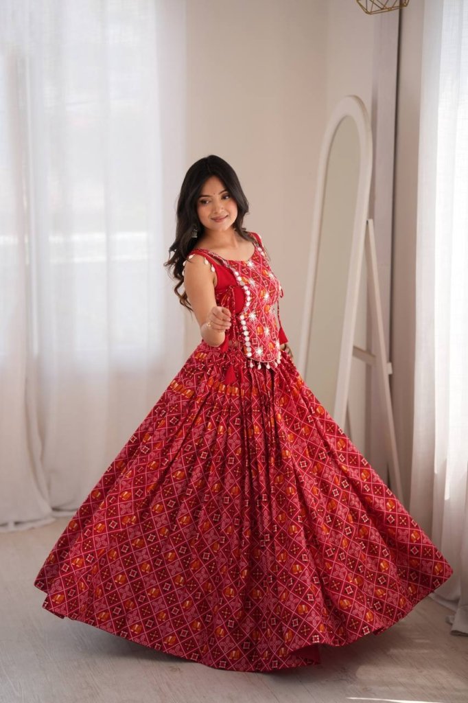 Rajwadi Red Bandhani Embellished Chaniya Choli