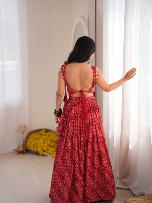 Rajwadi Red Bandhani Embellished Chaniya Choli