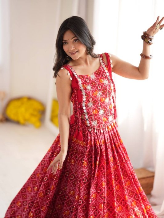 Rajwadi Red Bandhani Embellished Chaniya Choli