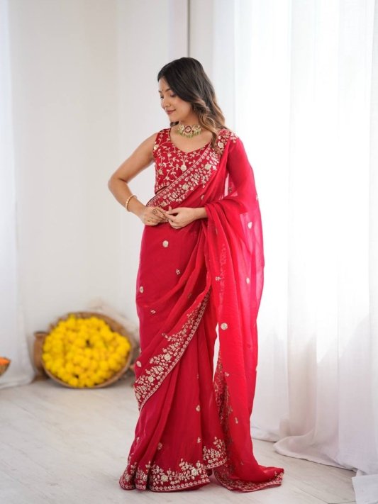 Crimson Royale Floral Work Party Wear Saree