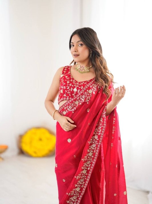 Crimson Royale Floral Work Party Wear Saree