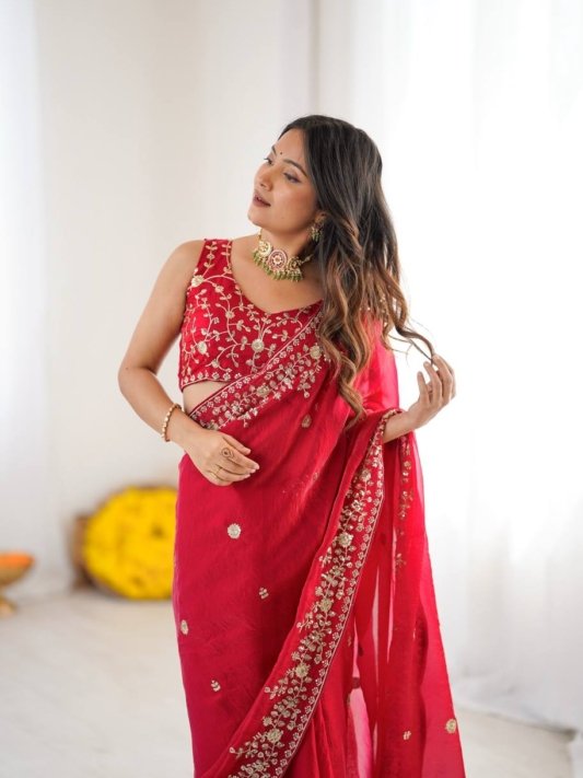 Crimson Royale Floral Work Party Wear Saree