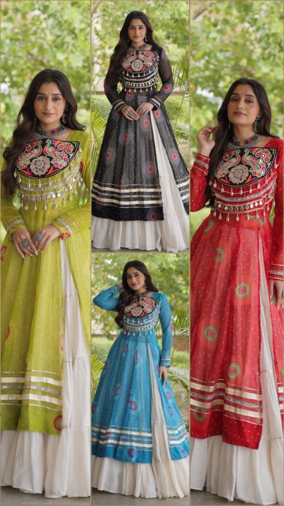 Navratri Dandiya Kutchi patchwork and a white layered frill lehenga