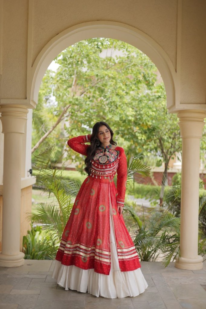 Navratri Dandiya Kutchi patchwork and a white layered frill lehenga