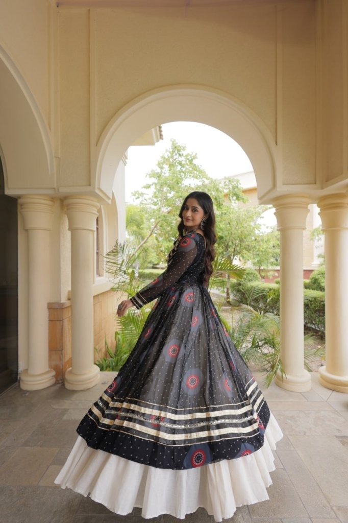 Navratri Dandiya Kutchi patchwork and a white layered frill lehenga