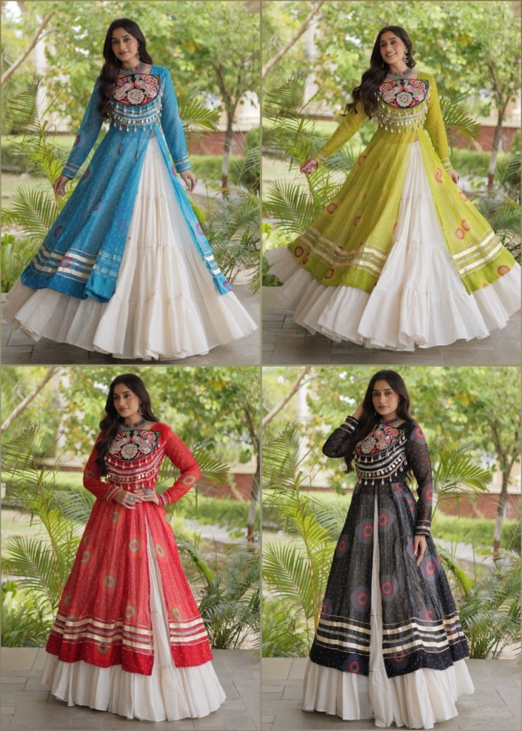 Navratri Dandiya Kutchi patchwork and a white layered frill lehenga