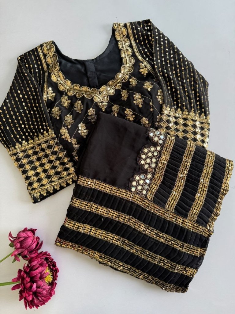 BOLLYWOOD SARI SEQUINS CRUSH PLEATED SAREE