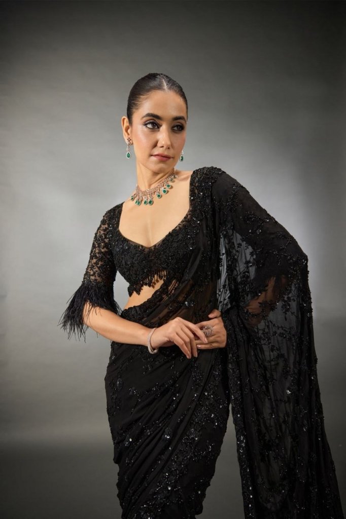 Glimmering Sequence Work Black Color Saree