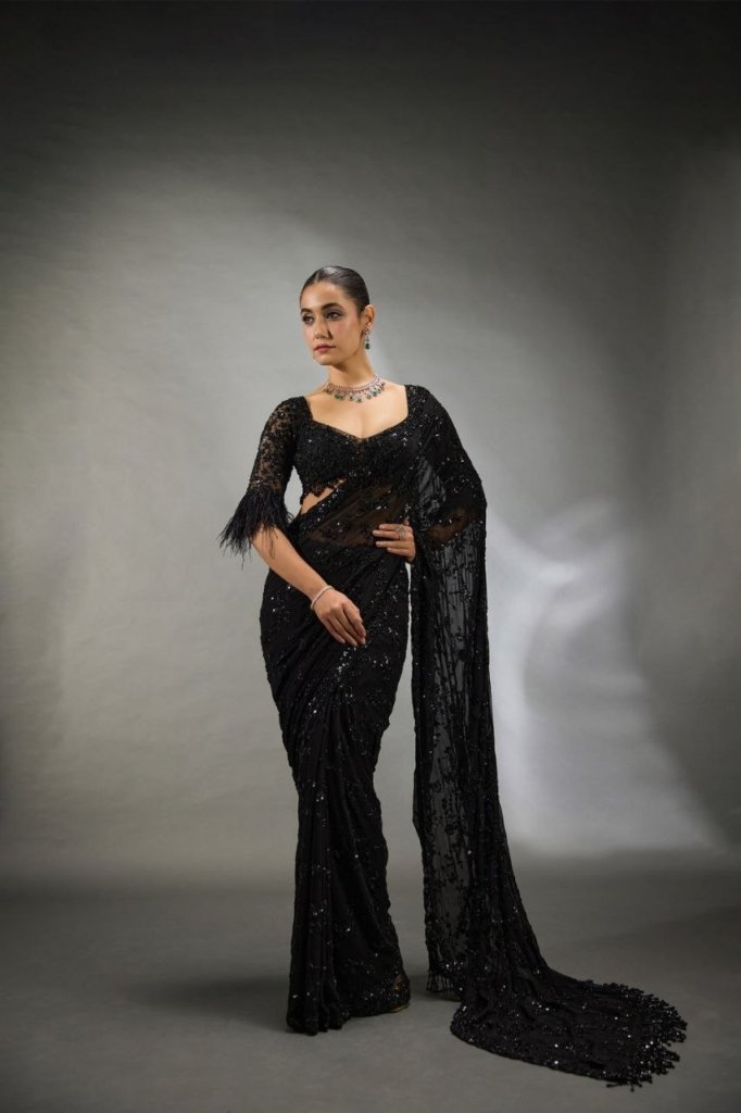 Glimmering Sequence Work Black Color Saree