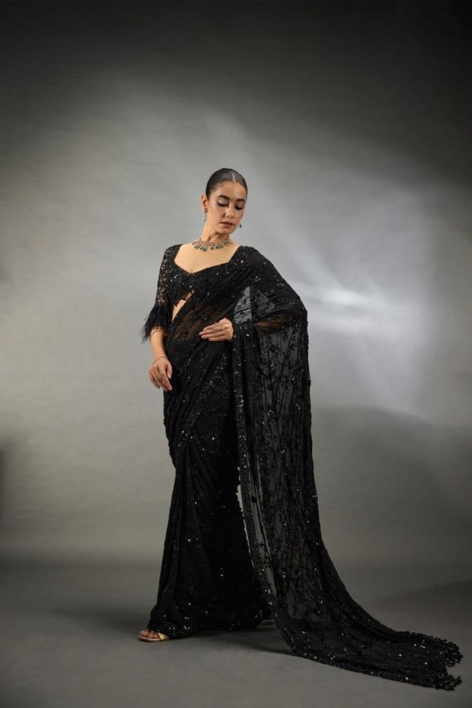 Glimmering Sequence Work Black Color Saree