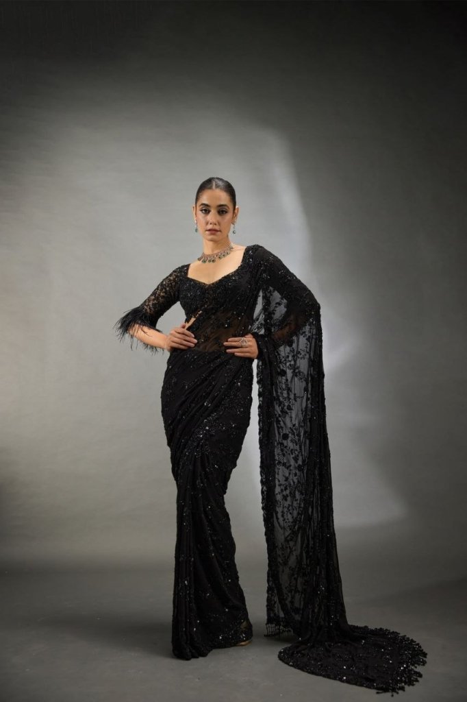 Glimmering Sequence Work Black Color Saree