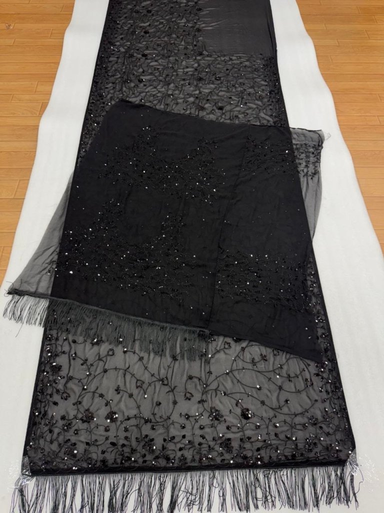 Glimmering Sequence Work Black Color Saree
