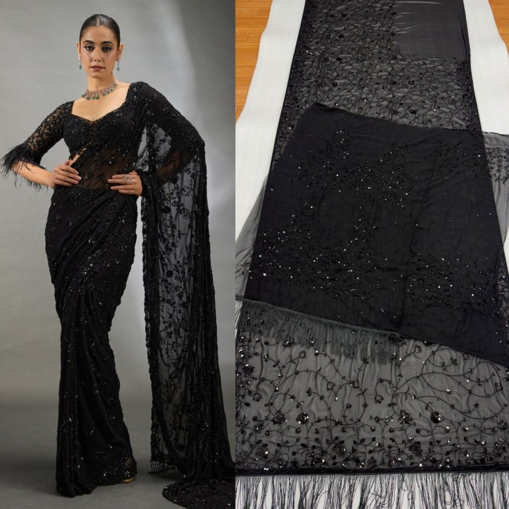 Glimmering Sequence Work Black Color Saree