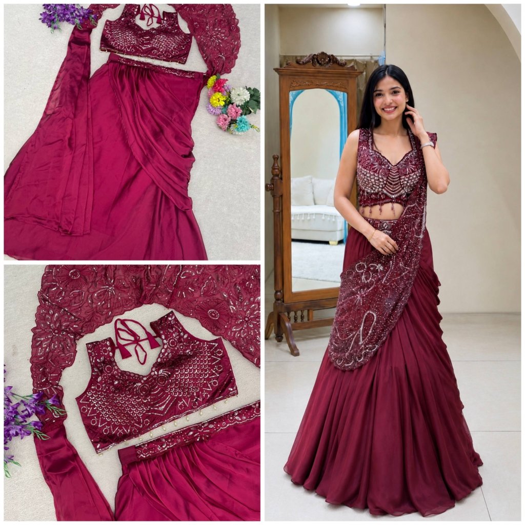New Trending Lehenga Style Saree With Blouse  set  With Embroidery Work