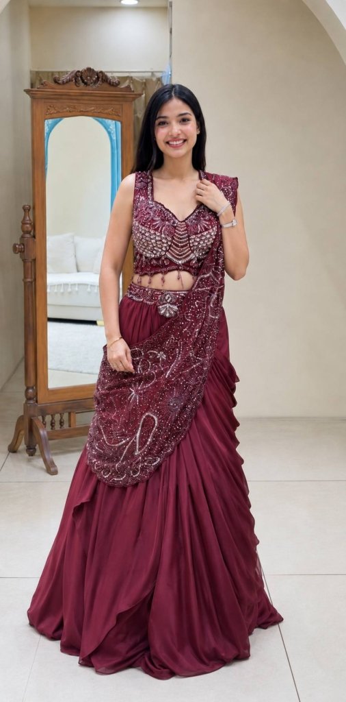 New Trending Lehenga Style Saree With Blouse  set  With Embroidery Work