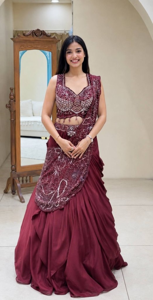 New Trending Lehenga Style Saree With Blouse  set  With Embroidery Work