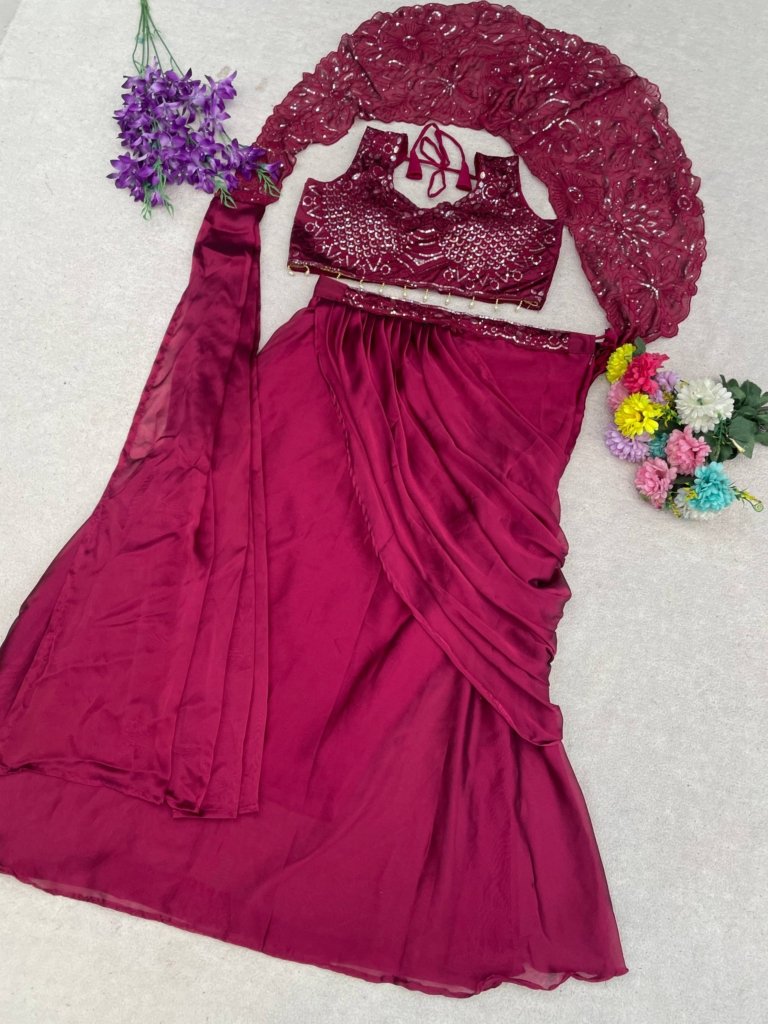 New Trending Lehenga Style Saree With Blouse  set  With Embroidery Work