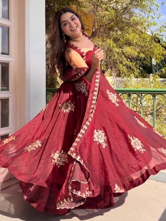 Anarkali Gown with Sequence Embroidery Sleeveless Maroon Silk
