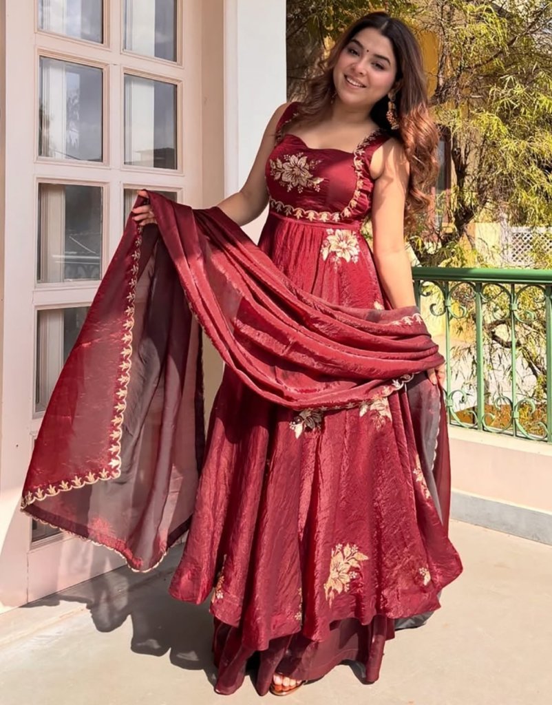 Anarkali Gown with Sequence Embroidery Sleeveless Maroon Silk